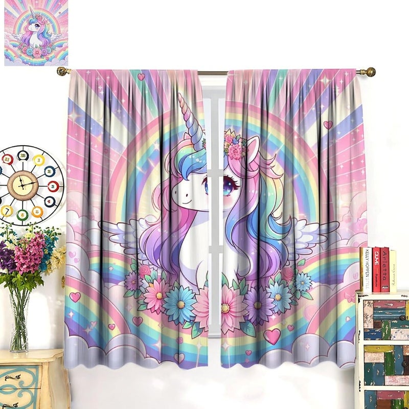 Wallira Cute Unicorn Curtains Kids,Ombre Pink Rainbow Stars Princess Cartoon Decor Rod Pocket Window Treatment for Girls Baby Room Living Room Bedroom Living Room Nursery Drapes 41" W X 45" L - Image 4